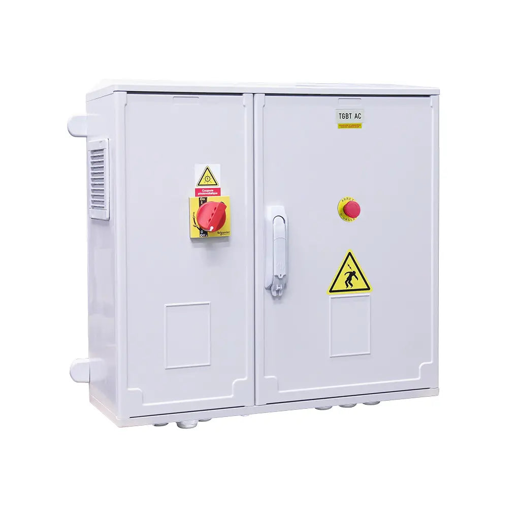 Coffret AC polyester IP 54 avec relai différentiel  et parafoudre AC pour onduleur Solis(80-100kW) (bridé à 160A), SE90K, SE100K - Poignée ext. latérale (protection Schneider) - SW2129R